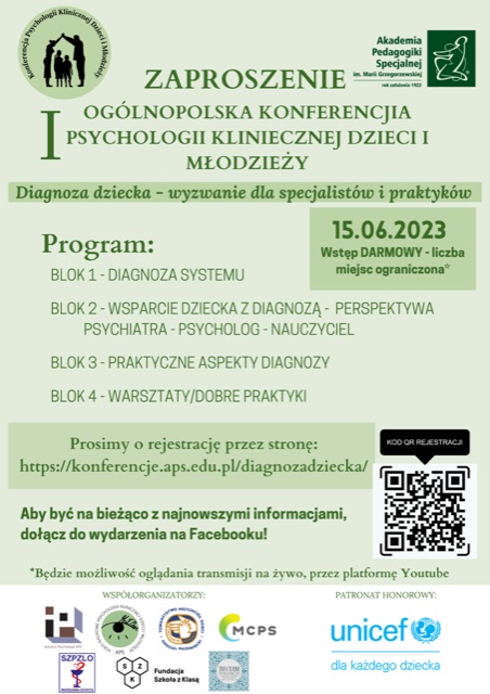 Read more about the article WSPÓŁORGANIZUJEMY OGÓLNOPOLSKĄ KONFERENCJĘ PSYCHOLOGII KLINICZNEJ DZIECI I MŁODZIEŻY