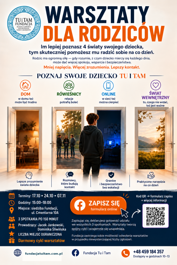 Plakat Fundacji Tu i Tam: Poznaj swoje dziecko — bezpłatne warsztaty dla rodziców